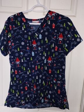 White Cross Navy Holiday Ski Village Print Scrub Top